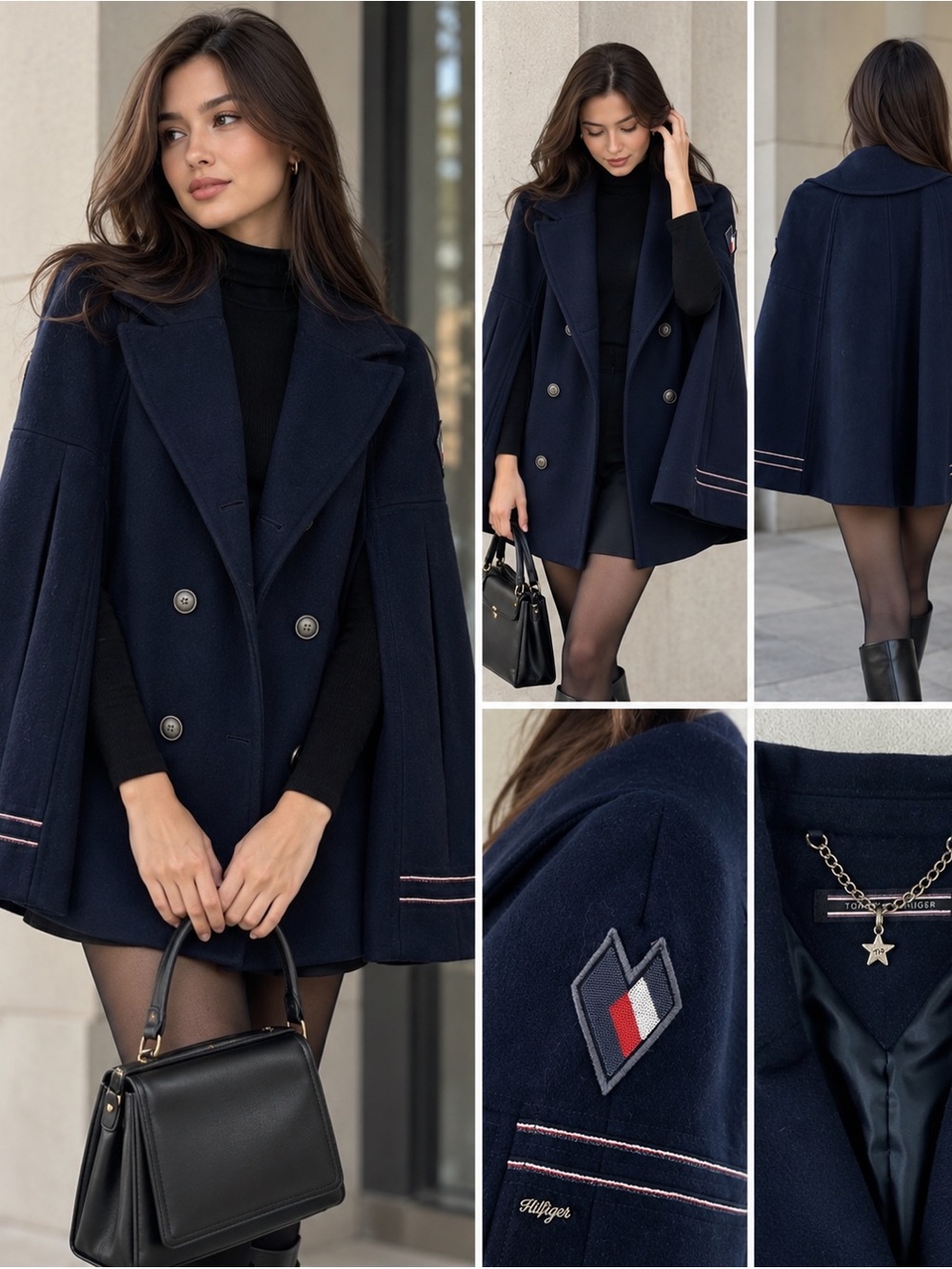 Tommy Hilfiger Navy Double-Breasted Cape Coat